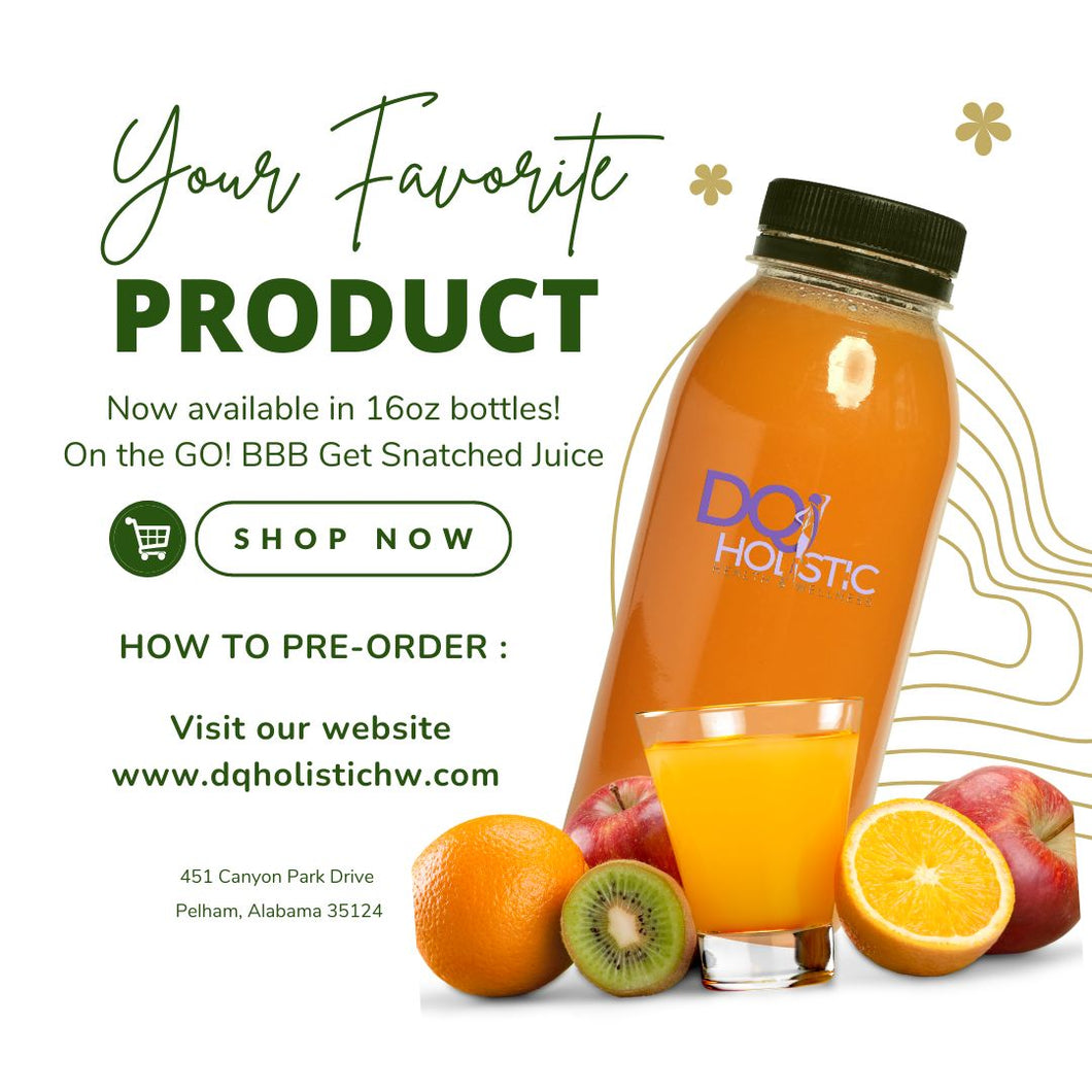 16oz ON THE GO BYE BYE BELLY  GET SNATCHED JUICE (PREMADE) with Slimmer Oil and Superfood Boost